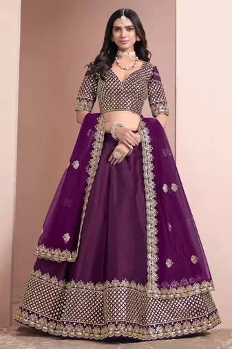 Purple Art Silk Heavy Thread Embroidery With Sequins Work Lehenga Choli set with blouse and dupatta
