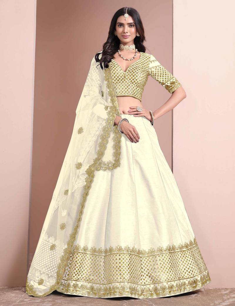 Off White Art Silk Heavy Thread Embroidery With Sequins Work Lehenga Choli set with blouse and dupatta
