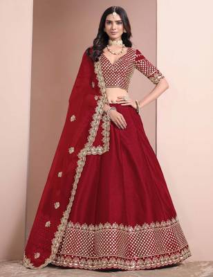Red  art silk heavy thread embroidery with sequins work lehenga choli set with blouse and dupatta 1