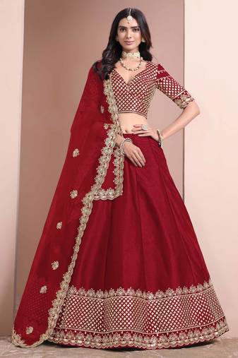 Red  art silk heavy thread embroidery with sequins work lehenga choli set with blouse and dupatta