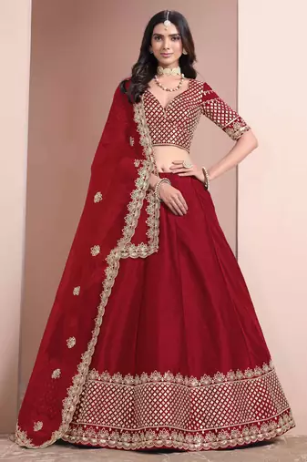 Red  art silk heavy thread embroidery with sequins work lehenga choli set with blouse and dupatta