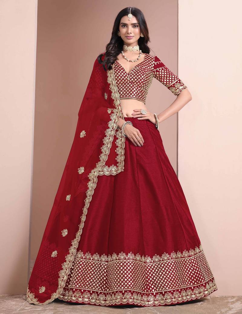 Red  art silk heavy thread embroidery with sequins work lehenga choli set with blouse and dupatta
