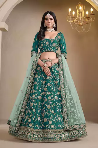 Teal Green Art Silk Heavy Thread Embroidery With Sequins Work Lehenga Choli set with blouse and dupatta