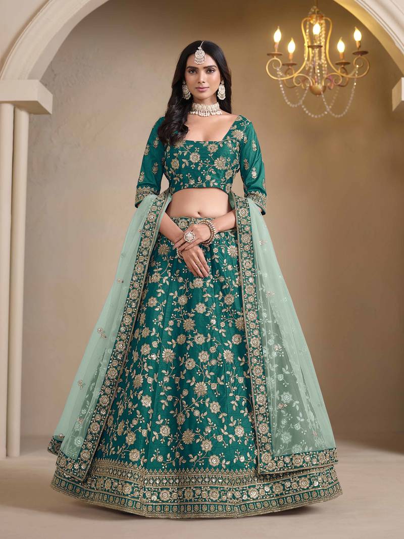 Teal Green Art Silk Heavy Thread Embroidery With Sequins Work Lehenga Choli set with blouse and dupatta