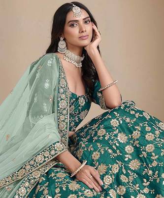 Teal Green Art Silk Heavy Thread Embroidery With Sequins Work Lehenga Choli set with blouse and dupatta 2