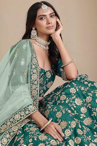 Teal Green Art Silk Heavy Thread Embroidery With Sequins Work Lehenga Choli set with blouse and dupatta