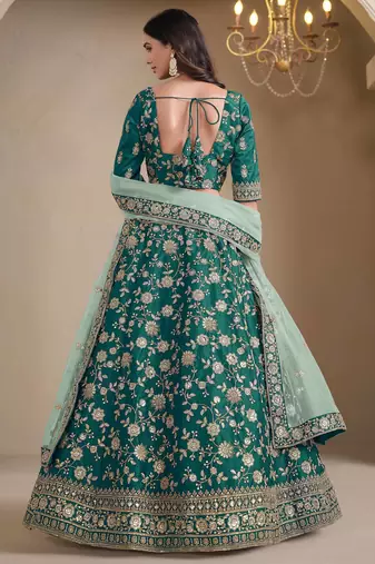 Teal Green Art Silk Heavy Thread Embroidery With Sequins Work Lehenga Choli set with blouse and dupatta