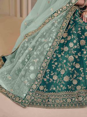 Teal Green Art Silk Heavy Thread Embroidery With Sequins Work Lehenga Choli set with blouse and dupatta 4