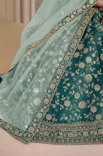 Teal Green Art Silk Heavy Thread Embroidery With Sequins Work Lehenga Choli set with blouse and dupatta