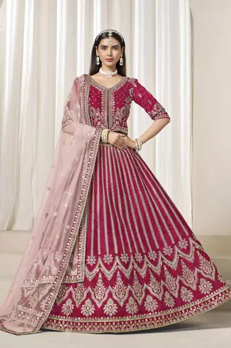 Dark Pink art silk heavy thread embroidery with sequins work lehenga choli set with blouse and dupatta