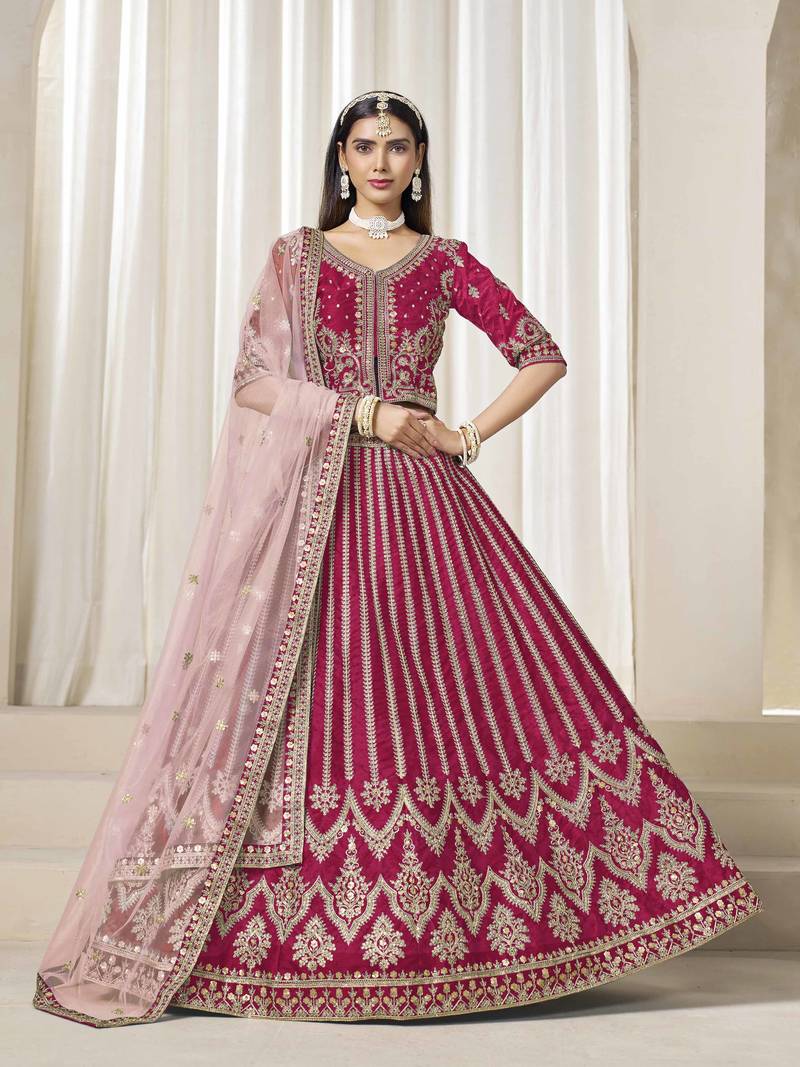Dark Pink art silk heavy thread embroidery with sequins work lehenga choli set with blouse and dupatta