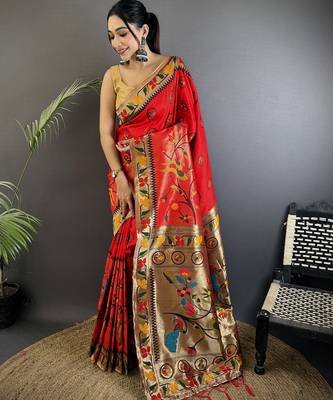 red soft silk blend paithani meenakari zari weaving saree 1