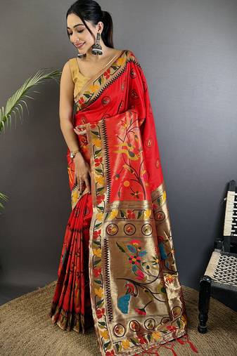red soft silk blend paithani meenakari zari weaving saree