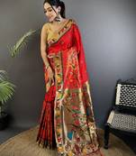 red soft silk blend paithani meenakari zari weaving saree