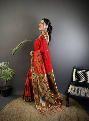 red soft silk blend paithani meenakari zari weaving saree 2