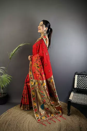 red soft silk blend paithani meenakari zari weaving saree