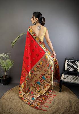 red soft silk blend paithani meenakari zari weaving saree 3