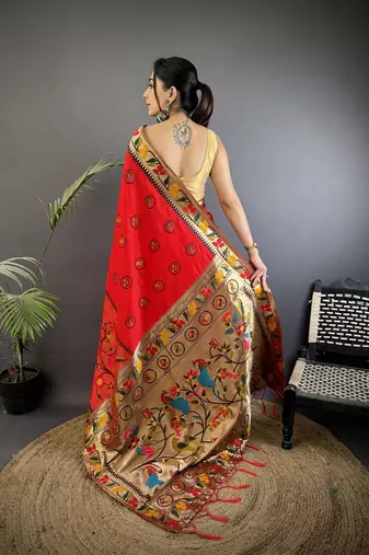 red soft silk blend paithani meenakari zari weaving saree