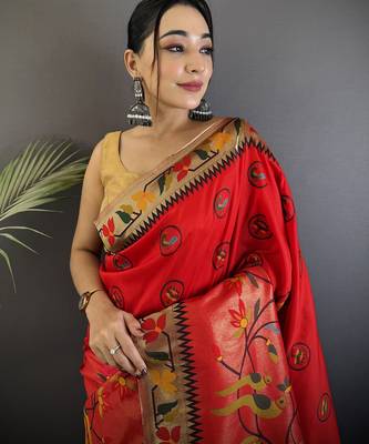red soft silk blend paithani meenakari zari weaving saree 4