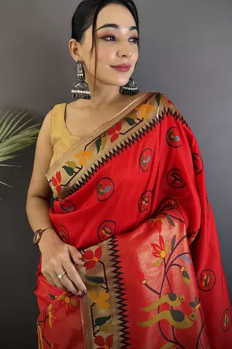 red soft silk blend paithani meenakari zari weaving saree