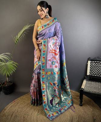 lavender soft silk blend paithani meenakari zari weaving saree 1