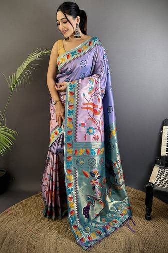 lavender soft silk blend paithani meenakari zari weaving saree