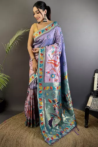 lavender soft silk blend paithani meenakari zari weaving saree