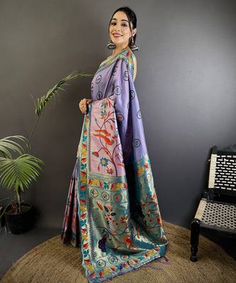 lavender soft silk blend paithani meenakari zari weaving saree 2
