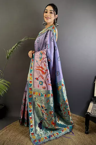 lavender soft silk blend paithani meenakari zari weaving saree