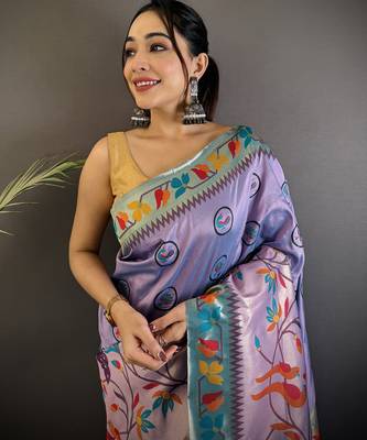 lavender soft silk blend paithani meenakari zari weaving saree 4