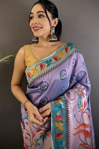 lavender soft silk blend paithani meenakari zari weaving saree