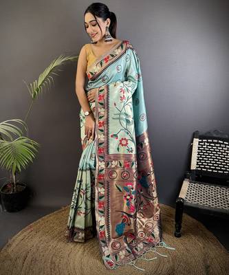 turquoise blue soft silk blend paithani meenakari zari weaving saree 1