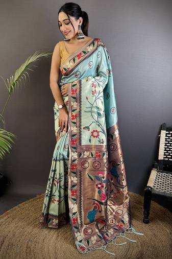 turquoise blue soft silk blend paithani meenakari zari weaving saree