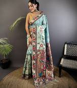 turquoise blue soft silk blend paithani meenakari zari weaving saree
