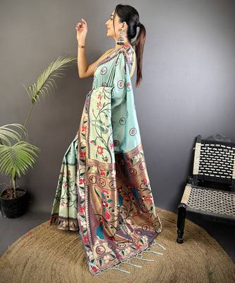 turquoise blue soft silk blend paithani meenakari zari weaving saree 2