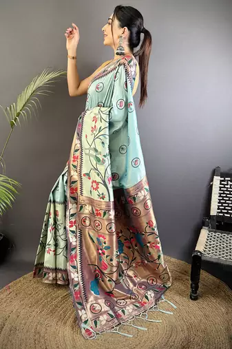 turquoise blue soft silk blend paithani meenakari zari weaving saree
