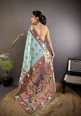 turquoise blue soft silk blend paithani meenakari zari weaving saree 3