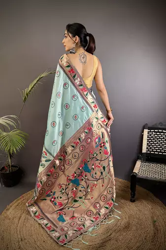 turquoise blue soft silk blend paithani meenakari zari weaving saree