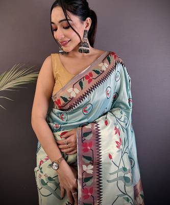 turquoise blue soft silk blend paithani meenakari zari weaving saree 4
