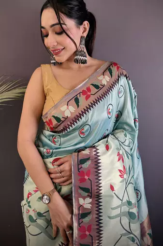 turquoise blue soft silk blend paithani meenakari zari weaving saree