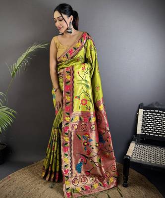 light green soft silk blend paithani meenakari zari weaving saree 1
