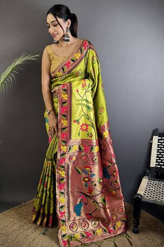 light green soft silk blend paithani meenakari zari weaving saree