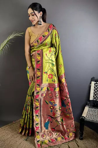 light green soft silk blend paithani meenakari zari weaving saree