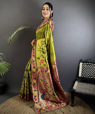 light green soft silk blend paithani meenakari zari weaving saree 2