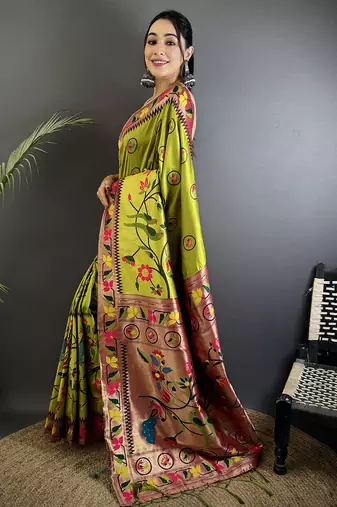 light green soft silk blend paithani meenakari zari weaving saree