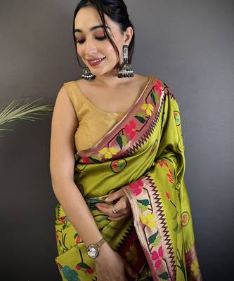 light green soft silk blend paithani meenakari zari weaving saree 4