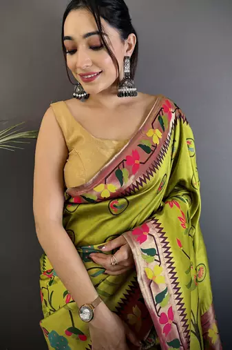 light green soft silk blend paithani meenakari zari weaving saree