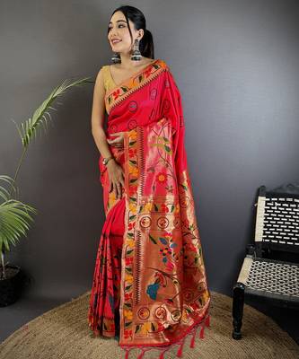 red soft silk blend paithani meenakari zari weaving saree 1
