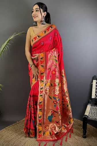 red soft silk blend paithani meenakari zari weaving saree