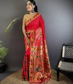 red soft silk blend paithani meenakari zari weaving saree